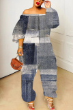 Blue Gray Faux Denim Print Off Shoulder Long Sleeve Casual Vacation Harem Leg Jumpsuits