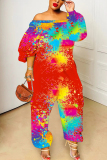 Black Ink Splash Print Off Shoulder Long Sleeve Casual Vacation Harem Leg Jumpsuits