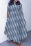 Gray Blue Graphics Print O Neck 3/4 Sleeve Belted Pockets Long Vacation Casual Pleated A Line Maxi Dresses