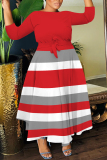 Green Striped Print O Neck 3/4 Sleeve Belted Pockets Long Vacation Casual Pleated A Line Maxi Dresses