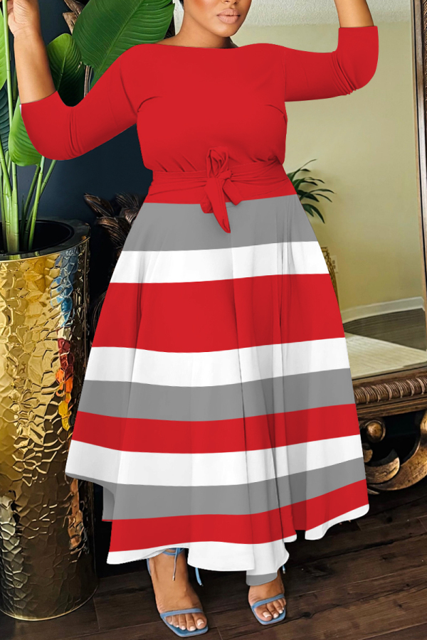 Green Striped Print O Neck 3/4 Sleeve Belted Pockets Long Vacation Casual Pleated A Line Maxi Dresses
