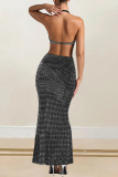 White Hot Drilling Sleeveless Backless Hollow Out Slit Formal Evening Party Prom Halter Bodycon Maxi Dresses