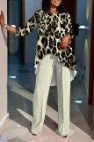 Apricot Leopard Print O Neck Long Sleeve Irregular Hem Tops And Pants Casual Formal Office Lady Two Pieces Trouser Sets