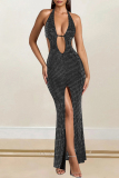 White Hot Drilling Sleeveless Backless Hollow Out Slit Formal Evening Party Prom Halter Bodycon Maxi Dresses