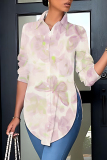 Purple Butterfly Print Long Sleeve Buttons Slit Turndown Collar Casual Plus Size Blouse Shirt Tops