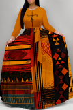 Brown Colorblock Print O Neck Long Sleeve Belt Loose Vacation A Line Maxi Swing Dresses