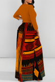 Brown Colorblock Print O Neck Long Sleeve Belt Loose Vacation A Line Maxi Swing Dresses