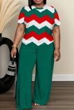 Royal Blue Wave Print O Neck Short Sleeve Oversize T-shirt And Wide Leg Pants Casual Two Pieces Trouser Sets