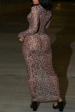 Brown Leopard Print O Neck Long Sleeve See-Through Formal Evening Party Prom Bodycon Maxi Dresses