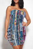 Light Blue Leopard Faux Denim Print Sleeveless Strapless Bodycon Tube Mini Dresses