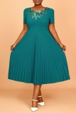 Lake Green Sequins Square Neck Short Sleeve Casual Formal Office Lady Pleated Maxi Dress