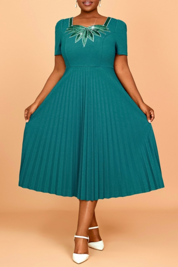 Lake Green Sequins Square Neck Short Sleeve Casual Formal Office Lady Pleated Maxi Dress