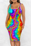 Green Tie Dye Print Sleeveless U Neck Casual Outing Plus Size Vest Midi Dresses