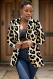 Brown Leopard Print Buttons Cardigan Turn-back Collar Long Sleeve Casual Formal Office Blazer Jackets