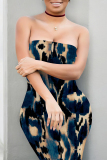 Light Blue Leopard Faux Denim Print Sleeveless Strapless Bodycon Tube Mini Dresses