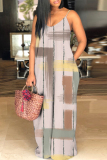 Tan Graphics Print Backless Sleeveless Spaghetti Strap Floor Length Vacation Baggy Sundress Slip Maxi Dress