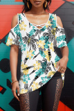 Pastel Green Plants Print V Neck Cold Shoulder Short Sleeve Hollow Out Casual Vacation Oversize T-Shirts