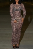 Brown Leopard Print O Neck Long Sleeve See-Through Formal Evening Party Prom Bodycon Maxi Dresses