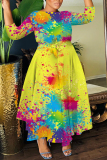 Black Ink Splash Print O Neck 3/4 Sleeve Belted Pockets Long Vacation Casual Pleated A Line Maxi Dresses