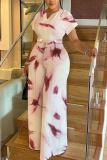 Pink Ombre Print V Neck Short Sleeve Vacation Casual Wide Leg Jumpsuits