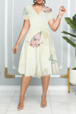 Khaki Ombre Print V Neck Short Sleeve Casual Vacation Midi T-shirt Dress