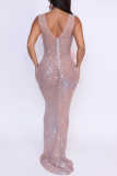 Pink Hot Drill Floral Detail O Neck Backless Sleeveless See-Through Mesh Formal Evening Party Prom Maxi Dresses