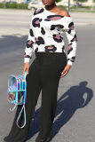 Black Graphics Print Oblique Collar Long Sleeve Tops And Wide Leg Pants Formal Office Lady Casual Two Pieces Trouser Sets