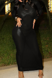 Black O Neck Long Sleeve See-Through Bright Night Club Bodycon Maxi Dresses