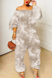 Light Brown Rainbow Color Tie Dye Print Off Shoulder Long Sleeve Pockets Casual Harem Jumpsuits