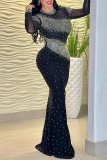 Black Hot Drilling Backless Half A Turtleneck Long Sleeve Formal Evening Party Prom Bodycon Maxi Dresses