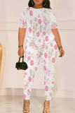 Apricot Graphics Print O Neck Short Sleeve T Shirt and Skinny Pants Casual Two Pieces Trouser Sets
