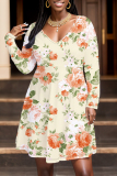 Green Floral Print V Neck Long Sleeve Casual Vacation Midi Dresses