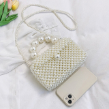 Pearls Hollow Pearl Decor Weave Bag Small Chanel Style Handheld Beach Bag