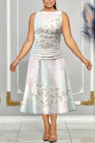 Light Purple Floral Print Sleeveless O Neck Casual Vacation Pleated Midi Tank Dresses