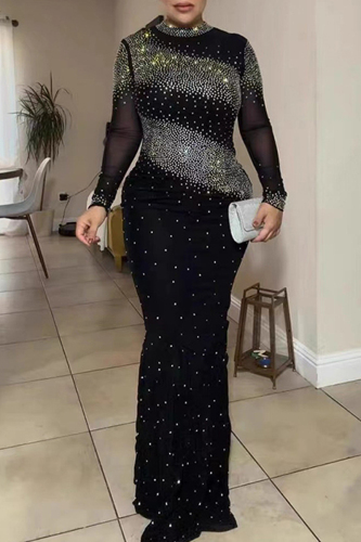 Black Hot Drilling Backless Half A Turtleneck Long Sleeve Formal Evening Party Prom Bodycon Maxi Dresses