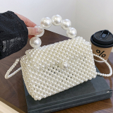 Pearls Hollow Pearl Decor Weave Bag Small Chanel Style Handheld Beach Bag