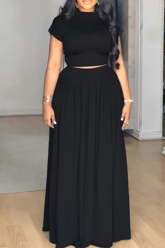 Black Half A Turtleneck Short Sleeve Crop T-shirt And Maxi Skirt Vacation Casual Two Pieces Dress Sets