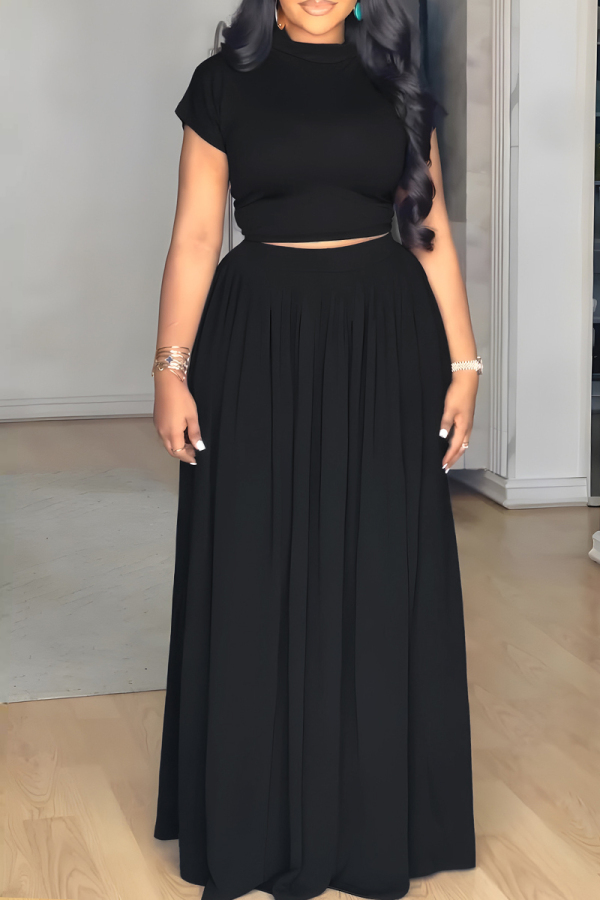 Black Half A Turtleneck Short Sleeve Crop T-shirt And Maxi Skirt Vacation Casual Two Pieces Dress Sets
