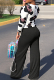 Black Graphics Print Oblique Collar Long Sleeve Tops And Wide Leg Pants Formal Office Lady Casual Two Pieces Trouser Sets