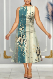 Light Purple Floral Print Sleeveless O Neck Casual Vacation Pleated Midi Tank Dresses
