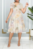 Khaki Ombre Print V Neck Short Sleeve Casual Vacation Midi T-shirt Dress
