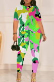 Apricot Graphics Print O Neck Short Sleeve T Shirt and Skinny Pants Casual Two Pieces Trouser Sets
