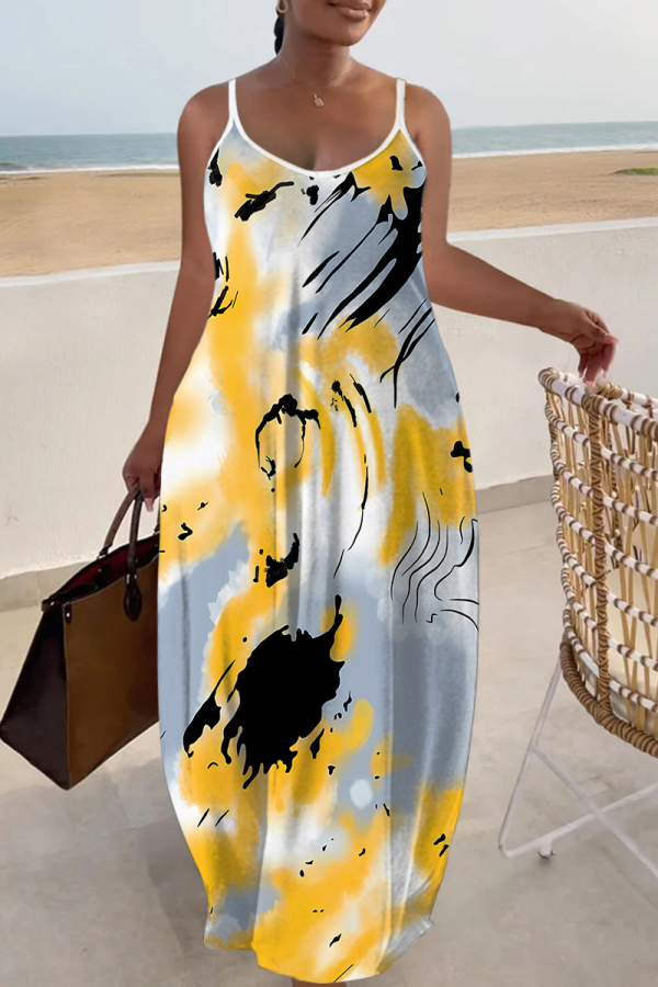 Yellow Graphics Print Sleeveless Backless Floor Length Casual Outing Straight Loose Floral Maxi Slip Dress