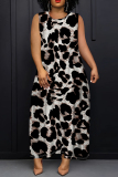 Brown Red Leopard Print Sleeveless O Neck Loose Vacation Casual Maxi Tank Dresses