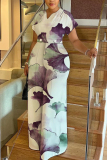 Pink Ombre Print V Neck Short Sleeve Vacation Casual Wide Leg Jumpsuits