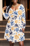 Green Floral Print V Neck Long Sleeve Casual Vacation Midi Dresses