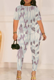 Apricot Graphics Print O Neck Short Sleeve T Shirt and Skinny Pants Casual Two Pieces Trouser Sets