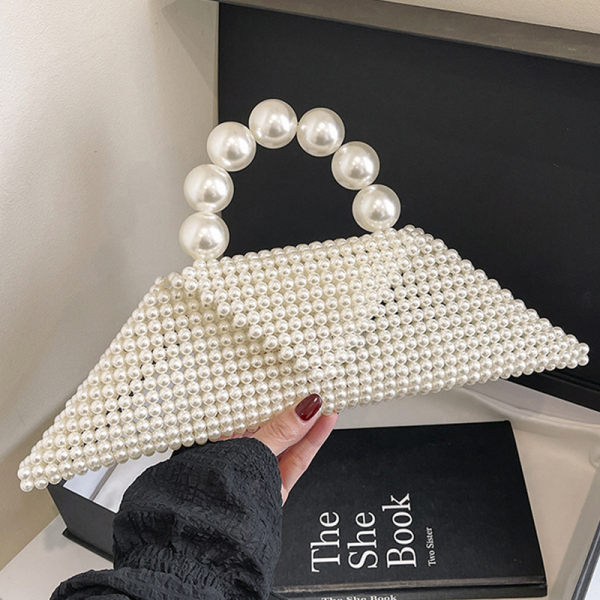 White Pearls Decor Knit Single Handbag Crossbody Beach Shoulder Bag