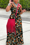Pink Graphics Print Sleeveless Backless Spaghetti Strap Casual Vacation Loose Maxi Slip Dresses