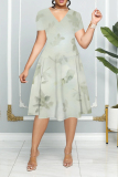 Khaki Ombre Print V Neck Short Sleeve Casual Vacation Midi T-shirt Dress